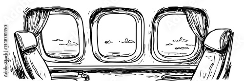 train window view with sea and ships vector doodle sketch engraving