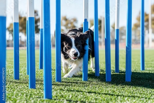 Intense Collie Weaving Through Agility Course Poles in Outdoor Action