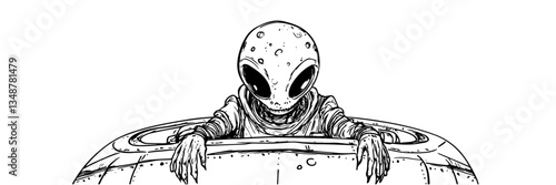 alien peeking from spaceship vector doodle sketch engraving