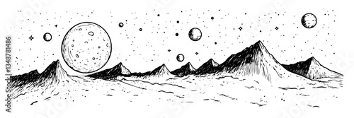 alien planet with moons and mountains vector doodle sketch engraving