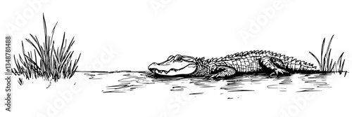 alligator resting near water vector doodle sketch engraving