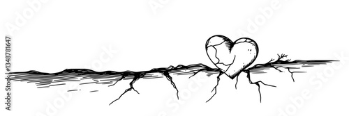 cracked heart growing from ground vector doodle sketch engraving