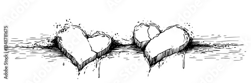 two broken stone hearts on ground vector doodle sketch engraving