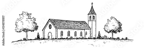 old rural chapel with trees vector doodle sketch engraving