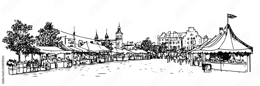 Naklejka premium outdoor market with tents and city view vector doodle sketch engraving