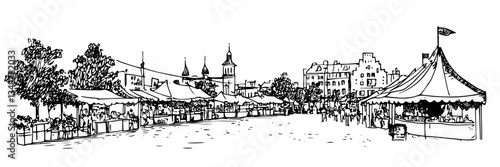 outdoor market with tents and city view vector doodle sketch engraving
