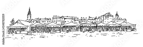 outdoor market with tents and cityscape vector doodle sketch engraving