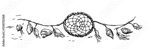dreamcatcher with shells and feathers vector doodle sketch engraving