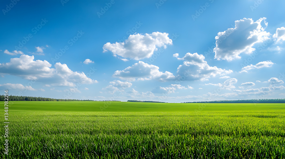 Fototapeta premium Vast green field under a blue sky with fluffy clouds
