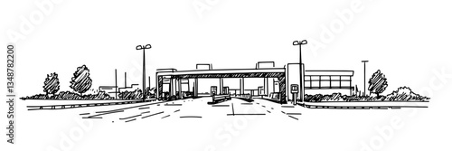 highway toll booth station vector doodle sketch engraving