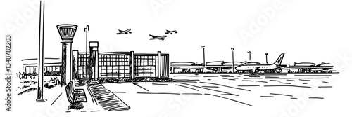 airport terminal with airplanes and control tower vector doodle sketch engraving