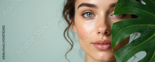 Close-up beauty portrait young woman with green leaf. Female face, perfect skin, natural make-up. Skincare, wellness, cosmetic advertising banner, poster design. Eco, health.