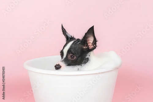 Collie in Bathtub with Shampoo Lather on Fur Against Pink Background