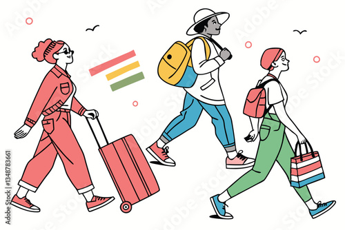 40 Colorful cartoon people walking, diverse characters, simple line drawings, minimalist style, bright colors, red, pink, blue, green, white backgrounds, various outfits and accessories, luggage, shop