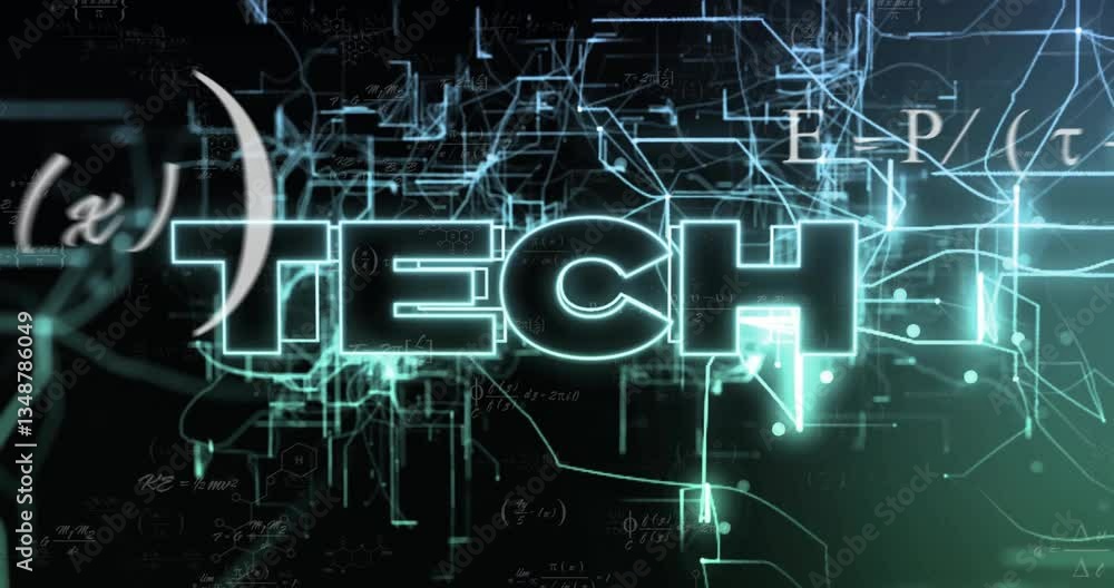 Glowing TECH animation over futuristic digital circuit and data patterns Glowing TECH animation over futuristic digital circuit and data patterns