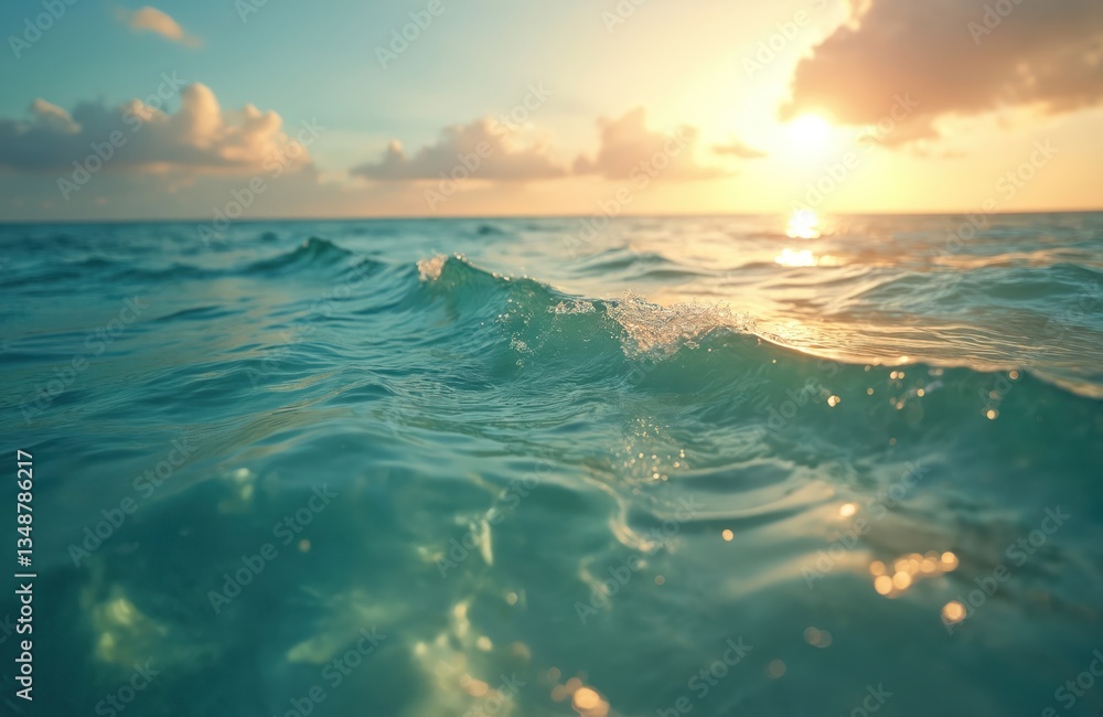 Naklejka premium Ocean photo with clear water, soft sunlight. Sea waves, sunny reflections on surface, cinematic sky, beautiful dreamy scene. Nature landscape at sunset sunrise. Peaceful, serene atmosphere, travel,
