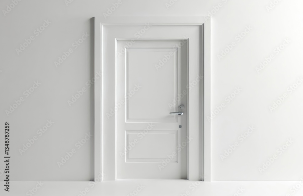 White door in white room with silver handle. Interior design, modern home, apartment entrance. Simple, clean, bright, empty space. Minimalist architecture, new home, real estate concept. White door in white room with silver handle. Interior design, modern home, apartment entrance. Simple, clean, bright, empty space. Minimalist architecture, new home, real estate concept.