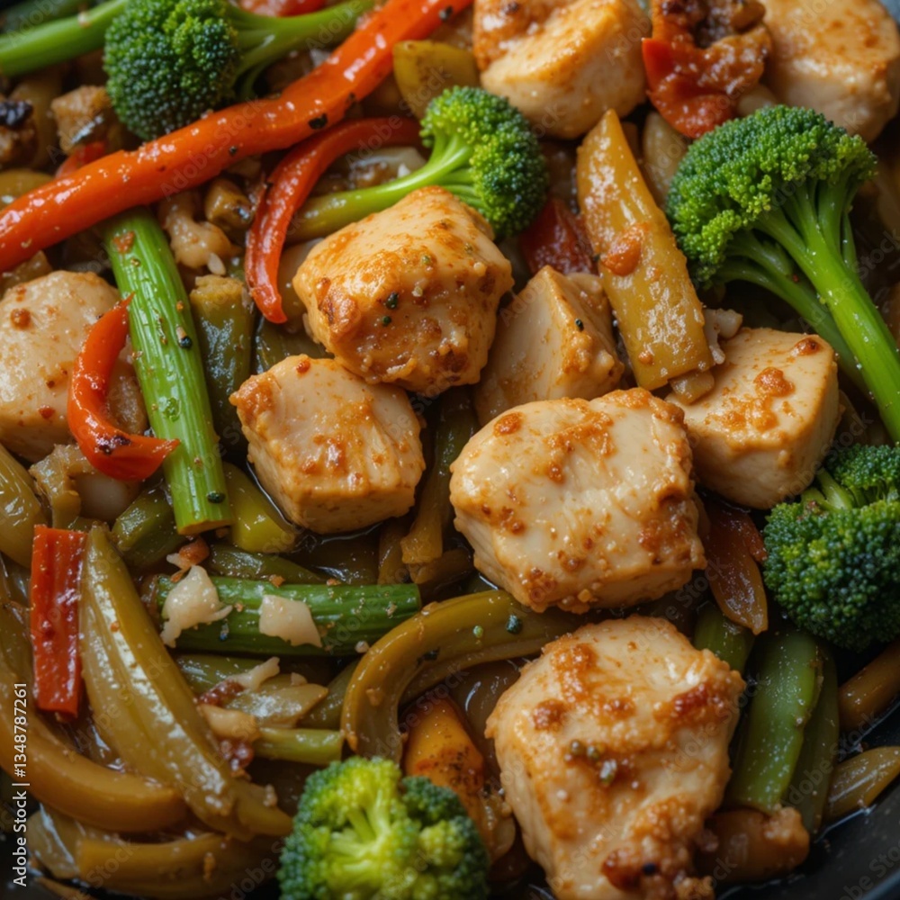 A plate of food featuring grilled chicken, steamed broccoli, sauteed peppers, and onions arranged attractively. A plate of food featuring grilled chicken, steamed broccoli, sauteed peppers, and onions arranged attractively.