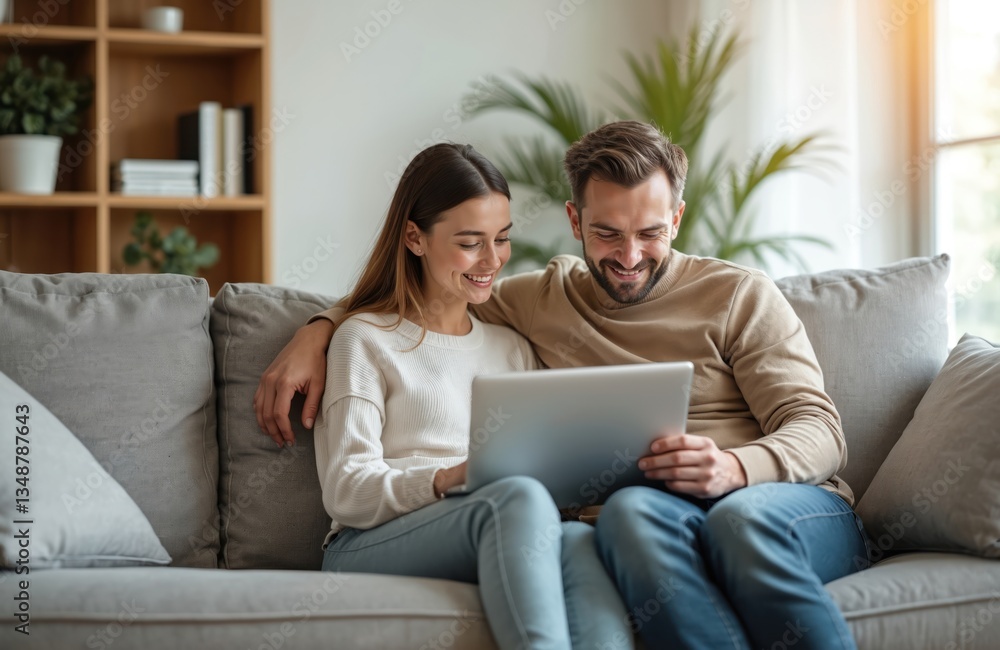 Young couple using laptop computer, watching media, shopping online, video calling from home. Man, woman happy, relaxing together on comfortable sofa in living room. Family spending weekend time Young couple using laptop computer, watching media, shopping online, video calling from home. Man, woman happy, relaxing together on comfortable sofa in living room. Family spending weekend time