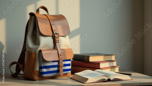 Stylish backpack with an Uruguay flag pocket and open books on a table, illuminated by sunlight. A concept of knowledge, study, and academic excellence.