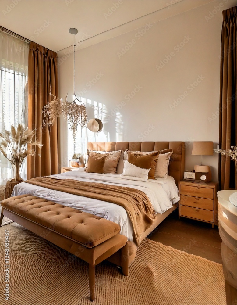 Fototapeta premium A cozy and modern bedroom featuring a soft tan linen bed, a mocha-toned bench, and warm wood.