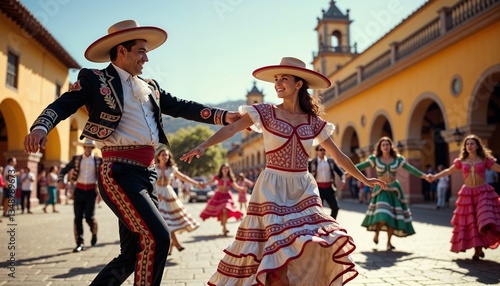 Energetic folkloric dance from Mexico during vibrant street festival celebration
