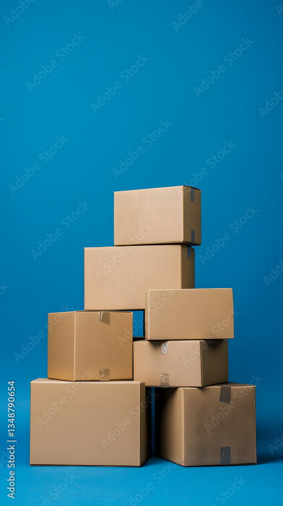 A neatly arranged pile of cardboard boxes ready for delivery in a warehouse vertical - blue background A neatly arranged pile of cardboard boxes ready for delivery in a warehouse vertical - blue background