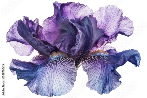 A close up of a vibrant purple iris flower with delicate petals against a Isolated on white transparent background