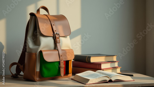 Stylish backpack with an Zambia flag pocket and open books on a table, illuminated by sunlight. A concept of knowledge, study, and academic excellence.