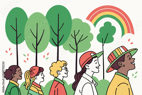 41 Colorful diverse crowd illustration, vibrant green trees background, hand-drawn style, flat color palette, whimsical characters, varied hairstyles and outfits, community gathering, inclusive repres