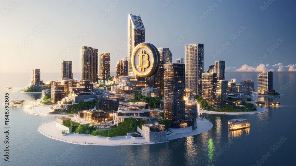 Fototapeta premium A smart city running entirely on cryptocurrency payments and blockchain infrastructure