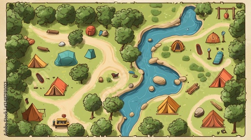 Hand-Drawn Camping Map with Tents, River, and Nature Illustrations