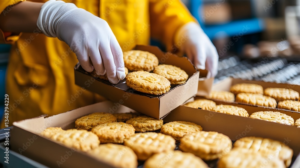 Person carefully placing a box of delicious cookies on a table surrounded by baking ingredients and kitchen utensils Person carefully placing a box of delicious cookies on a table surrounded by baking ingredients and kitchen utensils