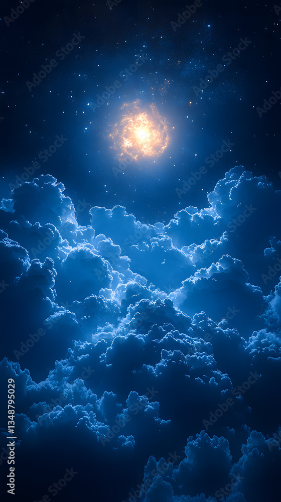 Fototapeta premium A vibrant nebula shines brightly above a sea of clouds at night.