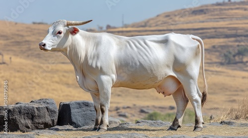 Ongole: A white cow with a muscular build, standing in a dry, rocky Indian landscape. 