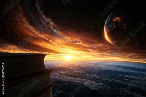 A surreal scene depicting an open book overlooking a stunning cosmic sunset and planet, blending literature with the vastness of space.