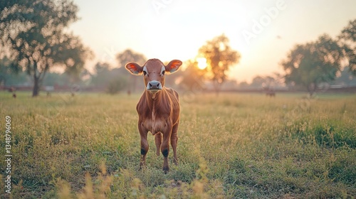 Sahiwal: A reddish-brown cow with a hump, standing in a hot, arid Indian pasture. 