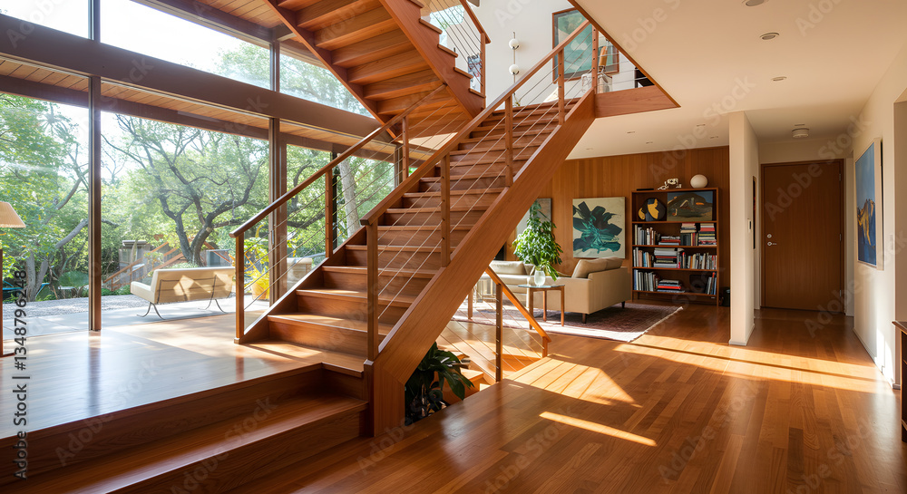 Obraz premium Interior mid-century modern home staircase 