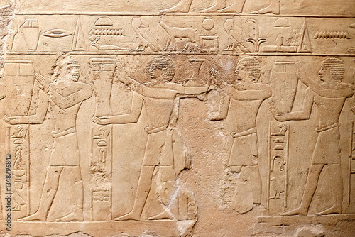Mural from the mastaba of the Egyptian vizier Mereruka showing funerary procession with men carrying sacred oils