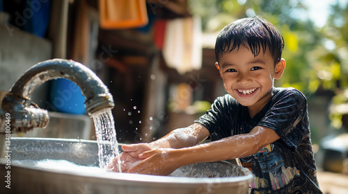 Environmental awareness, Child boy washing hands outside in village , world water day , Natural climate change.