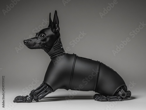 Robot dog in sleek black armor design.