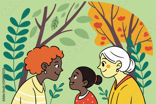 45 Diverse group portrait, colorful illustrated characters, intergenerational family, stylized trees and foliage, vibrant green background, naive art style, flat colors, simple shapes, community gathe