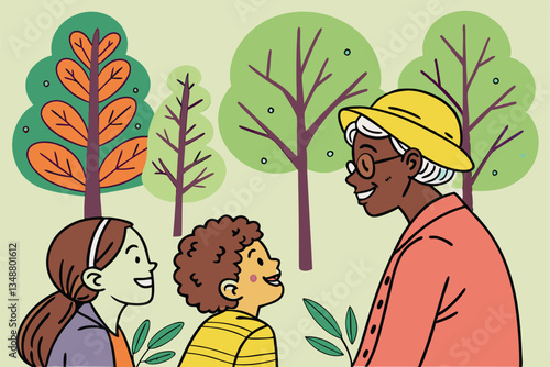 45 Diverse group portrait, colorful illustrated characters, intergenerational family, stylized trees and foliage, vibrant green background, naive art style, flat colors, simple shapes, community gathe
