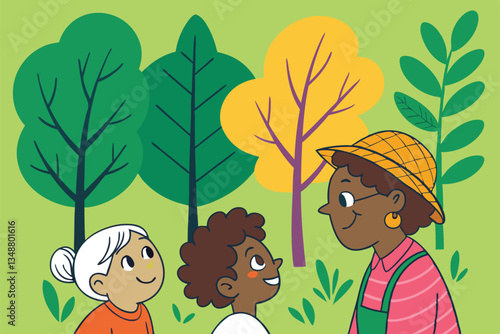 45 Diverse group portrait, colorful illustrated characters, intergenerational family, stylized trees and foliage, vibrant green background, naive art style, flat colors, simple shapes, community gathe