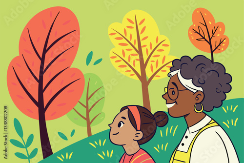 45 Diverse group portrait, colorful illustrated characters, intergenerational family, stylized trees and foliage, vibrant green background, naive art style, flat colors, simple shapes, community gathe