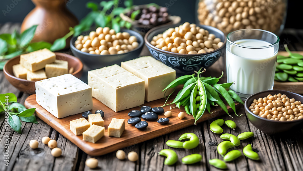 A wooden table with various plant-based protein sources A wooden table with various plant-based protein sources