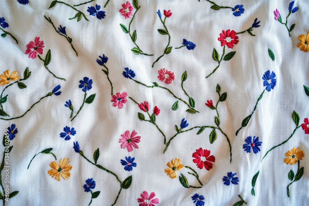 Delicate embroidered floral design on white fabric, showcasing colorful blossoms and green stems. Delicate embroidered floral design on white fabric, showcasing colorful blossoms and green stems.