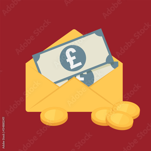 Open envelope with British Pound banknotes and gold coins. Vector illustration represents concepts of receiving money, financial transactions, or budgeting