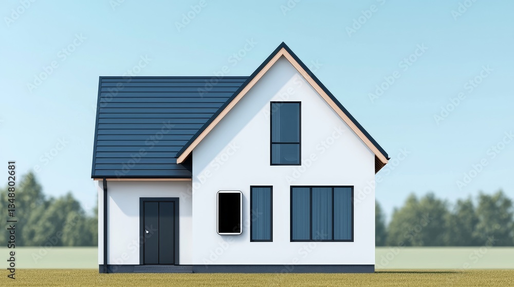 Home improvement with sustainable building concept. Minimalistic house with a blue roof, large windows, and a clean white exterior, set against a clear sky and green landscape. Home improvement with sustainable building concept. Minimalistic house with a blue roof, large windows, and a clean white exterior, set against a clear sky and green landscape.