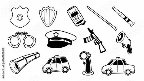 Create 20 police-themed icons with dark blue backgrounds, including police badge, patrol car, handcuffs, pistol, walkie-talkie, siren, police hat, baton, CCTV camera, evidence bag, and jail bars. Semi